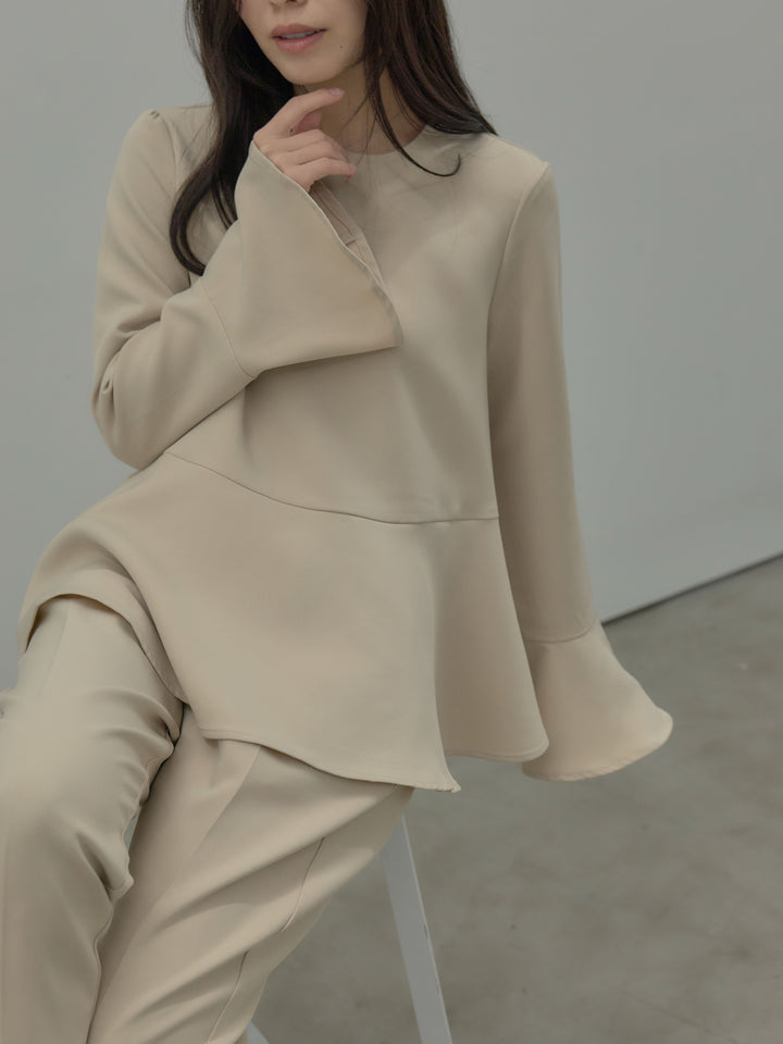 【SET】ラウンドネックベルスリーブペプラムブラウス+ハイウエストデザインパンツ(2set)