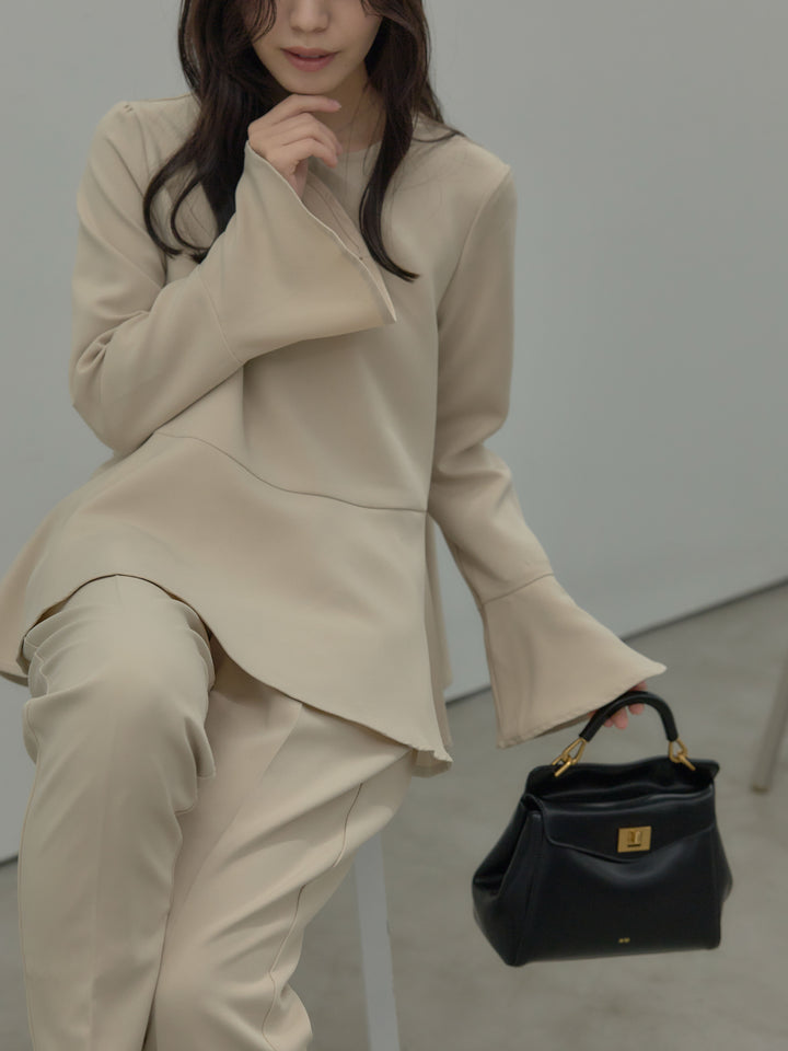 【SET】ラウンドネックベルスリーブペプラムブラウス+ハイウエストデザインパンツ(2set)