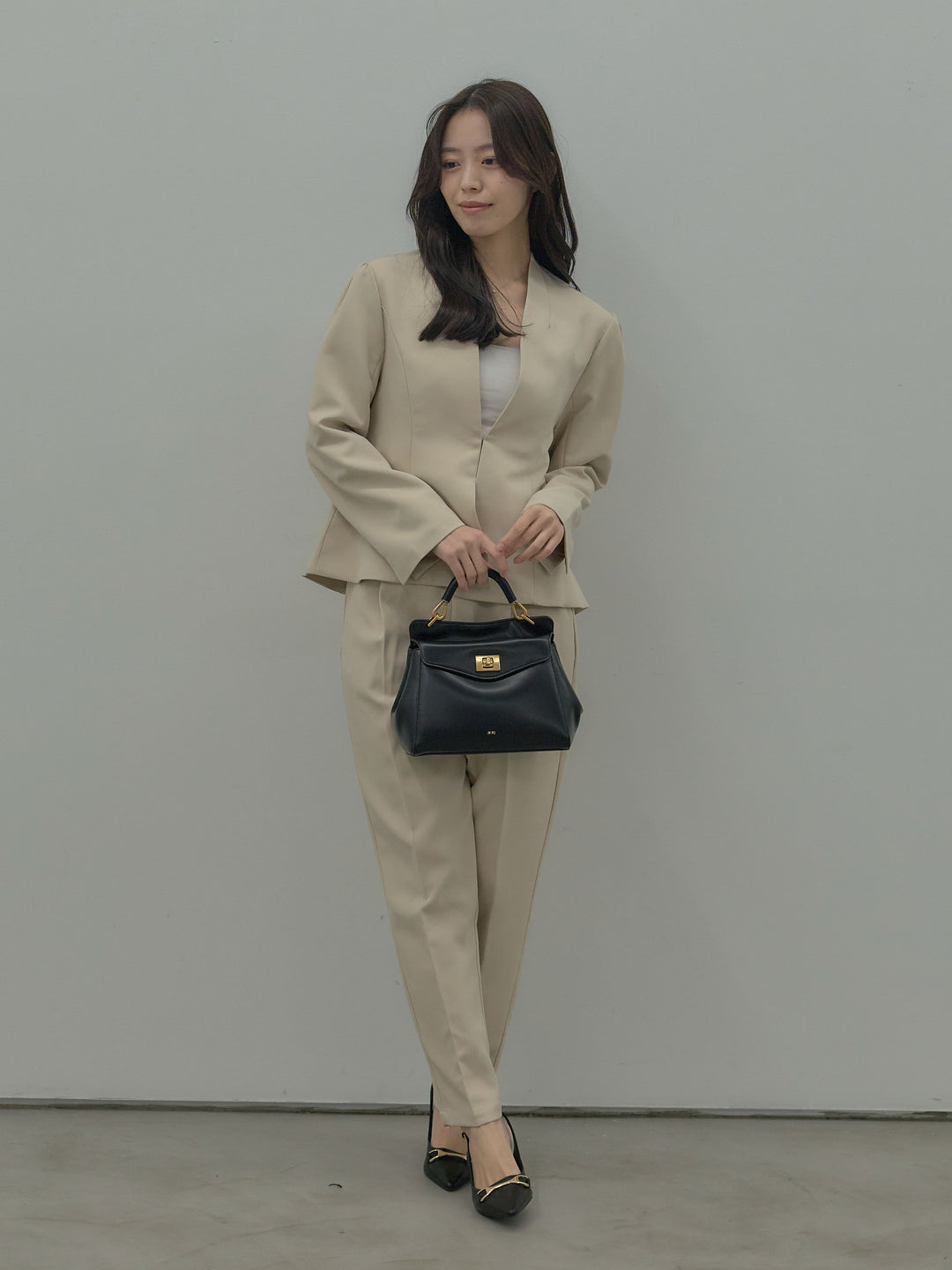 【SET】コントゥアフロントホックノーカラージャケット+ハイウエストデザインパンツ(2set)