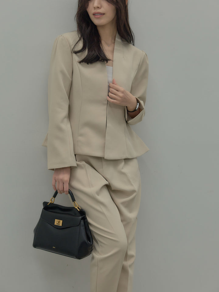 【SET】コントゥアフロントホックノーカラージャケット+ハイウエストデザインパンツ(2set)