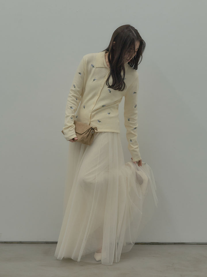 フラワー刺繍ニットポロトップス