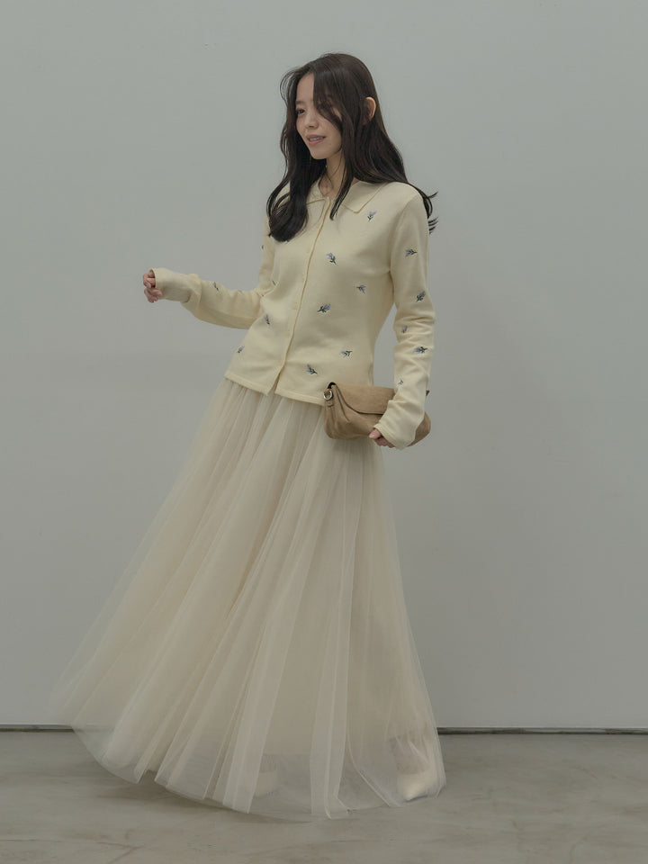 フラワー刺繍ニットポロトップス