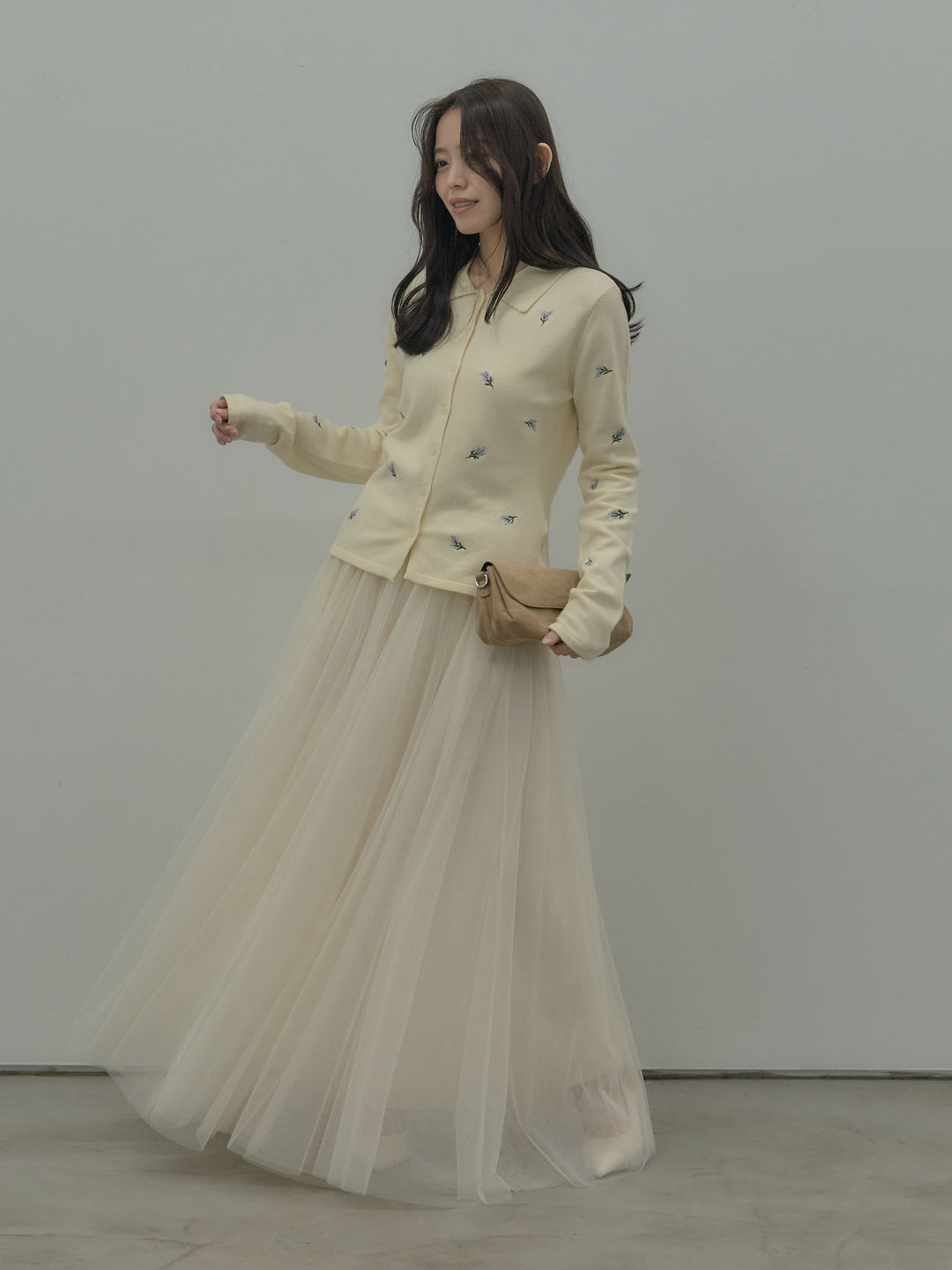 【SET】フラワー刺繍ニットポロトップス+ボリュームチュールスカート(2set)