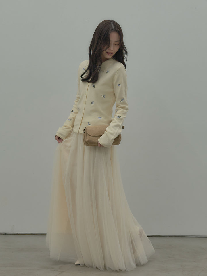 フラワー刺繍ニットポロトップス