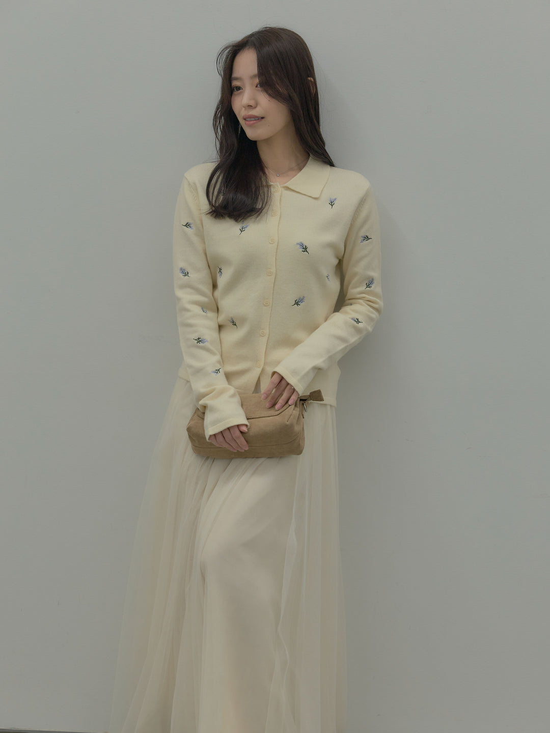 【SET】フラワー刺繍ニットポロトップス+ボリュームチュールスカート(2set)