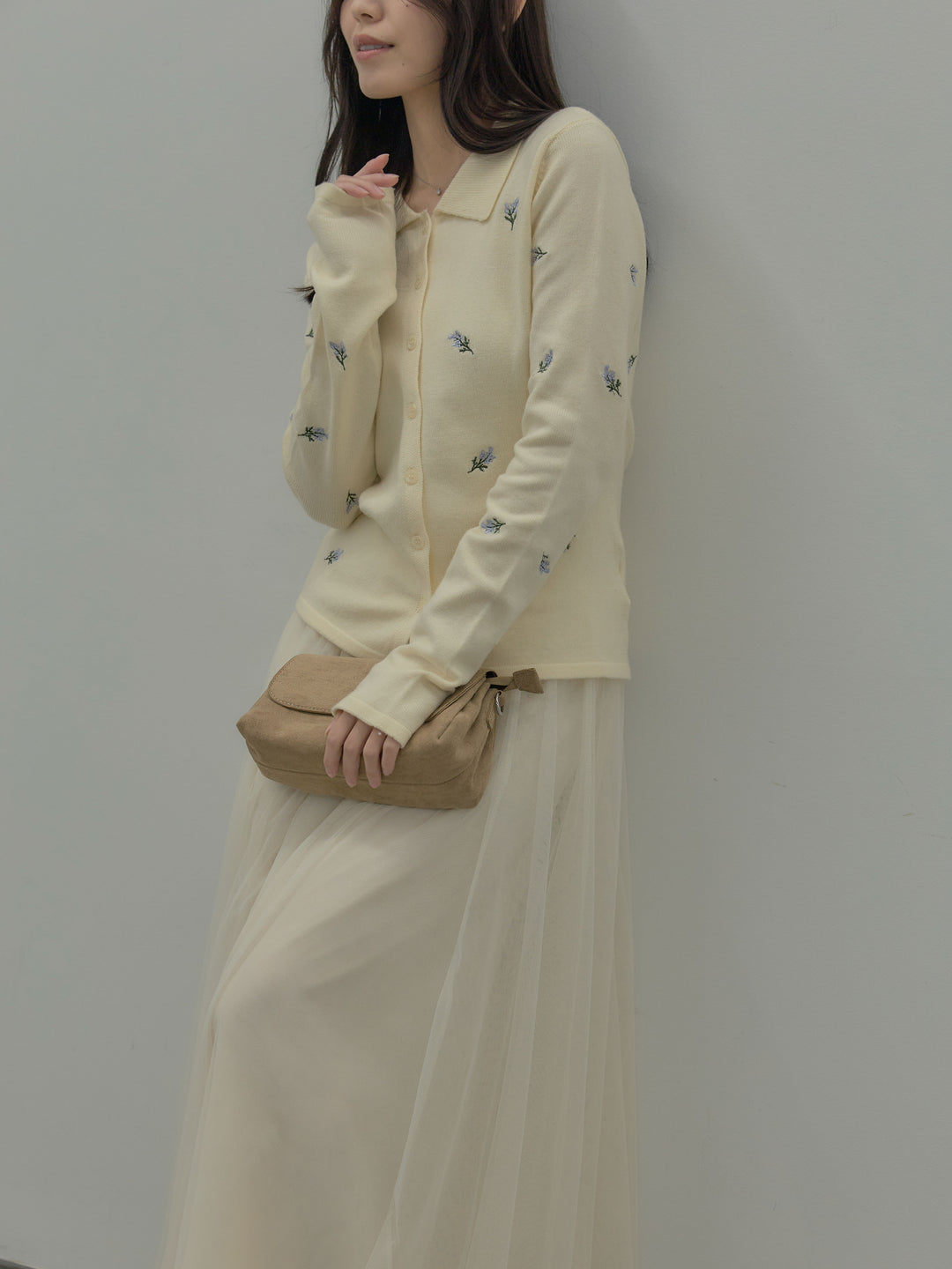 【SET】フラワー刺繍ニットポロトップス+ボリュームチュールスカート(2set)