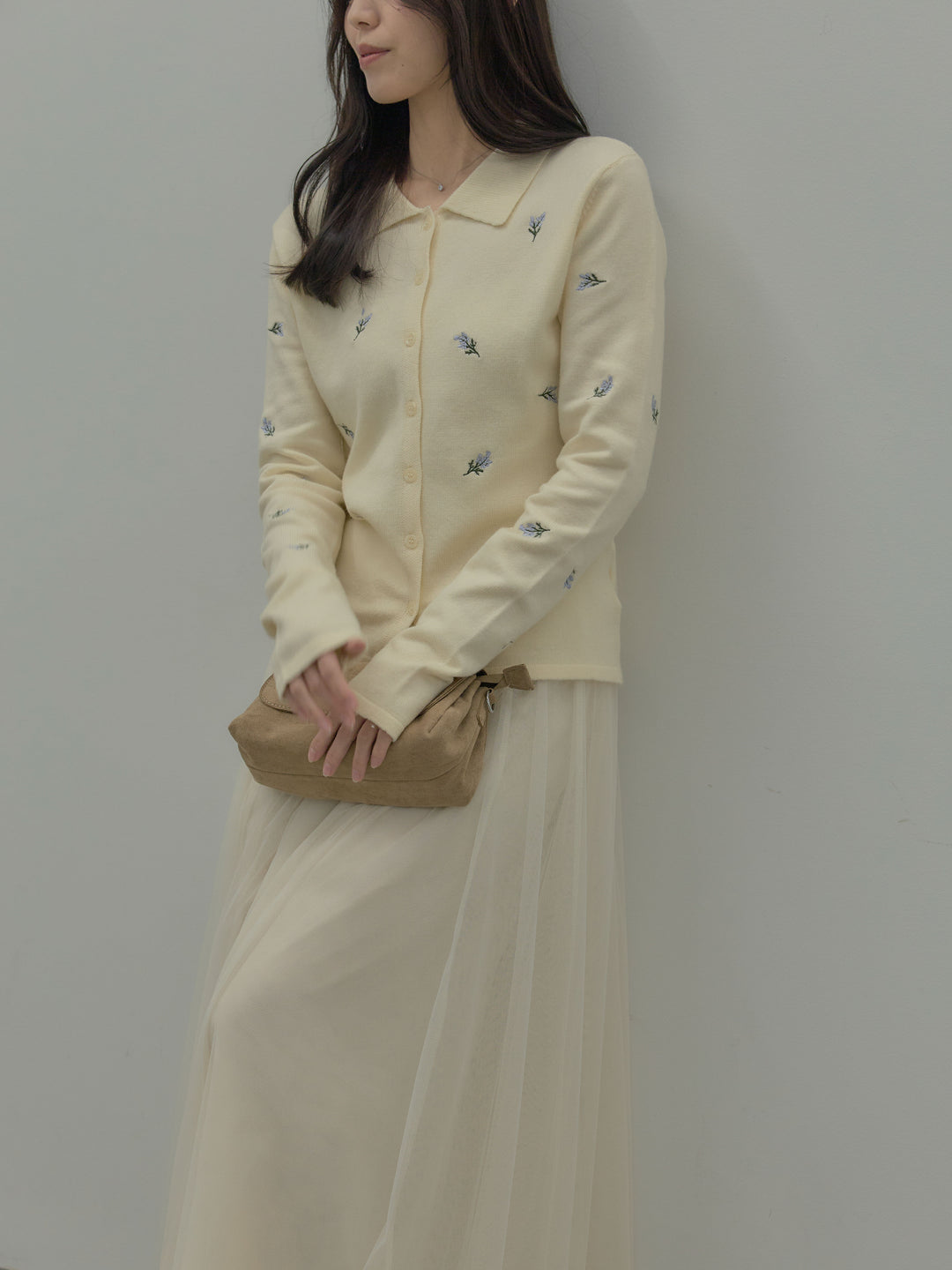 フラワー刺繍ニットポロトップス