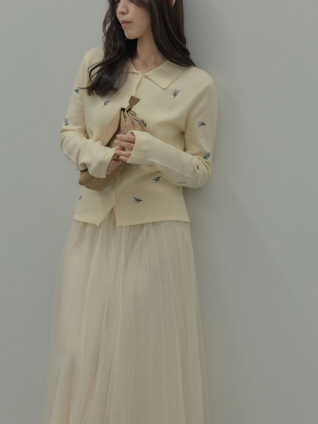 【SET】フラワー刺繍ニットポロトップス+ボリュームチュールスカート(2set)