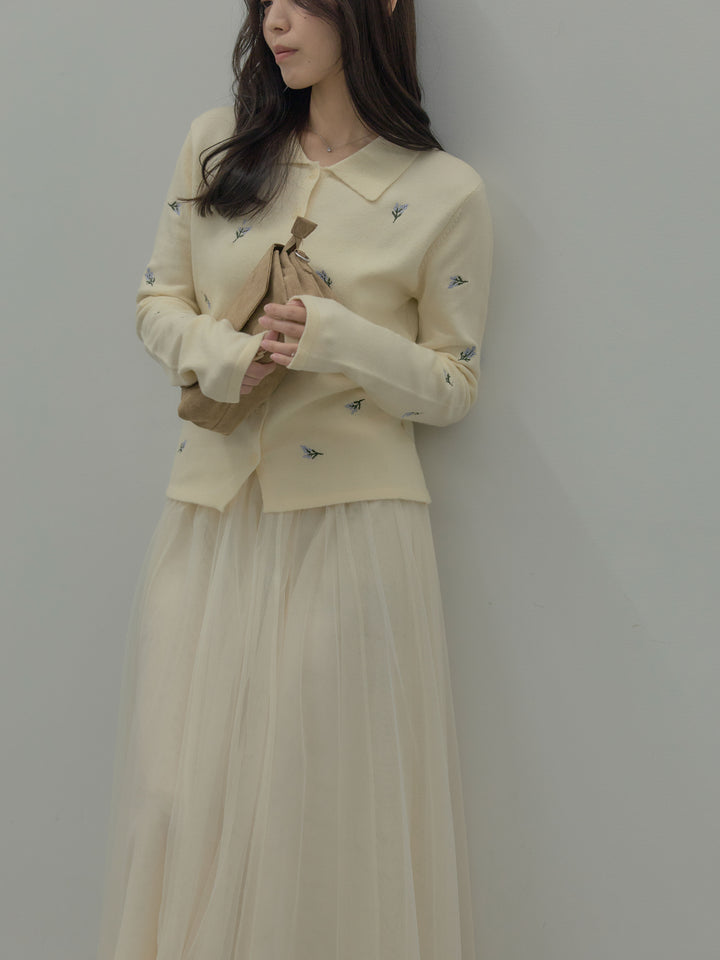 【SET】フラワー刺繍ニットポロトップス+ボリュームチュールスカート(2set)