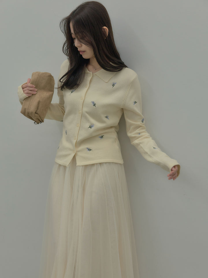 【SET】フラワー刺繍ニットポロトップス+ボリュームチュールスカート(2set)