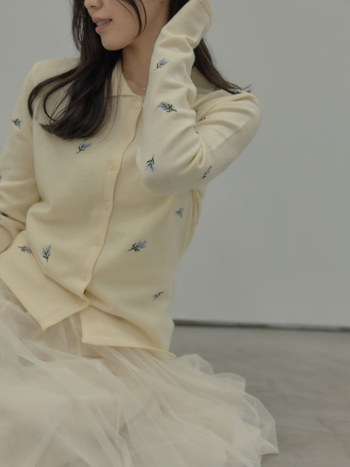 【SET】フラワー刺繍ニットポロトップス+ボリュームチュールスカート(2set)