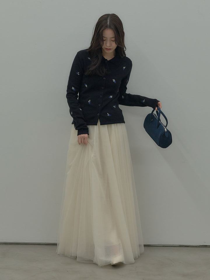 フラワー刺繍ニットポロトップス