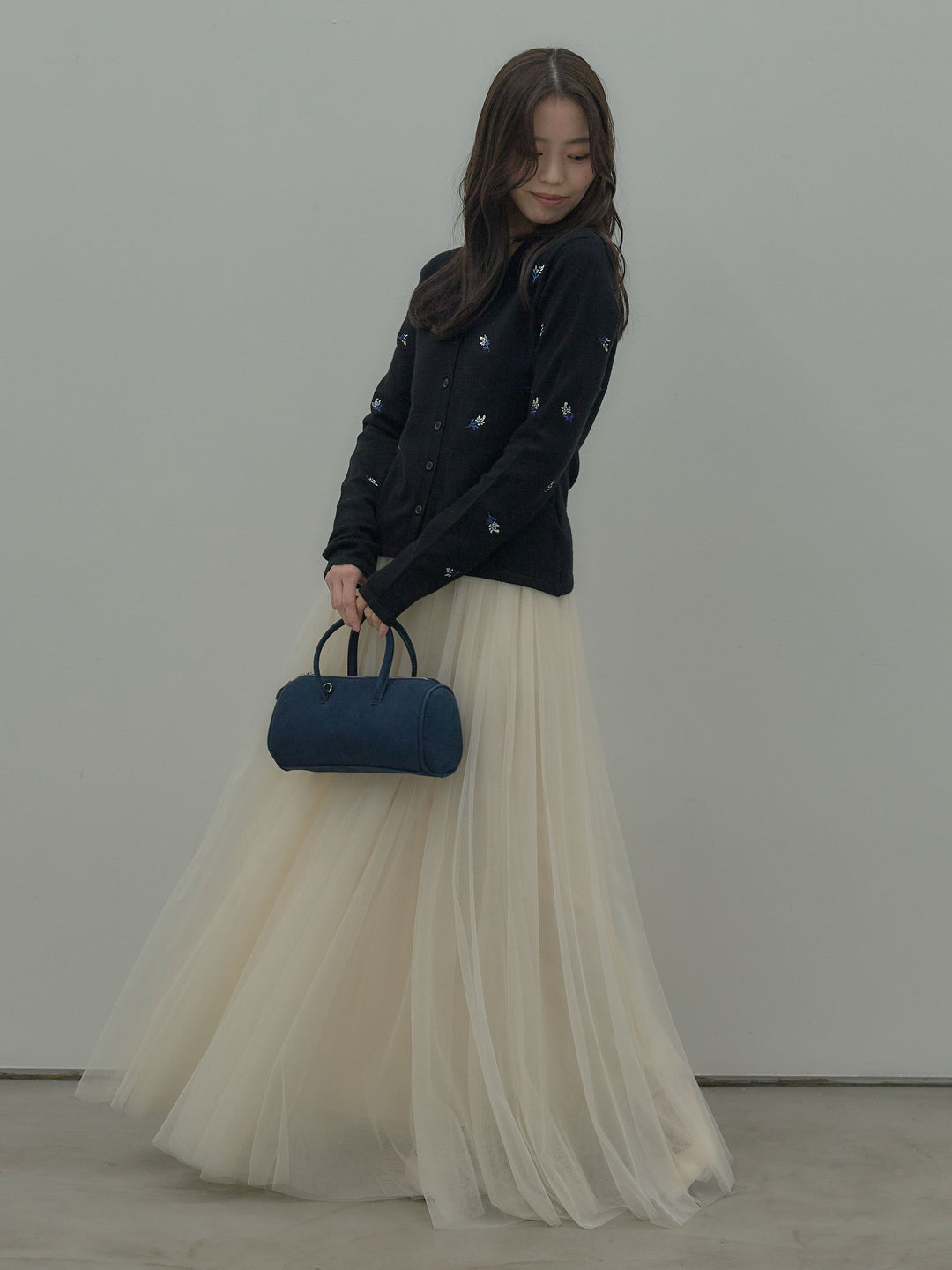 フラワー刺繍ニットポロトップス