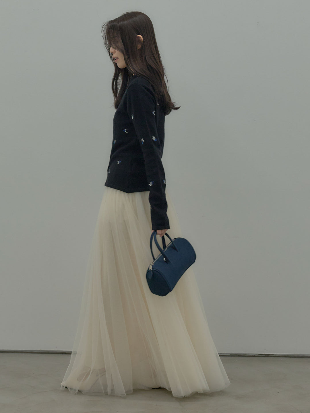 【SET】フラワー刺繍ニットポロトップス+ボリュームチュールスカート(2set)