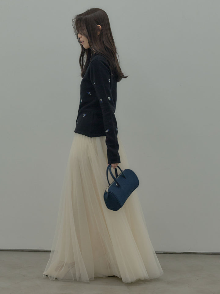 【SET】フラワー刺繍ニットポロトップス+ボリュームチュールスカート(2set)