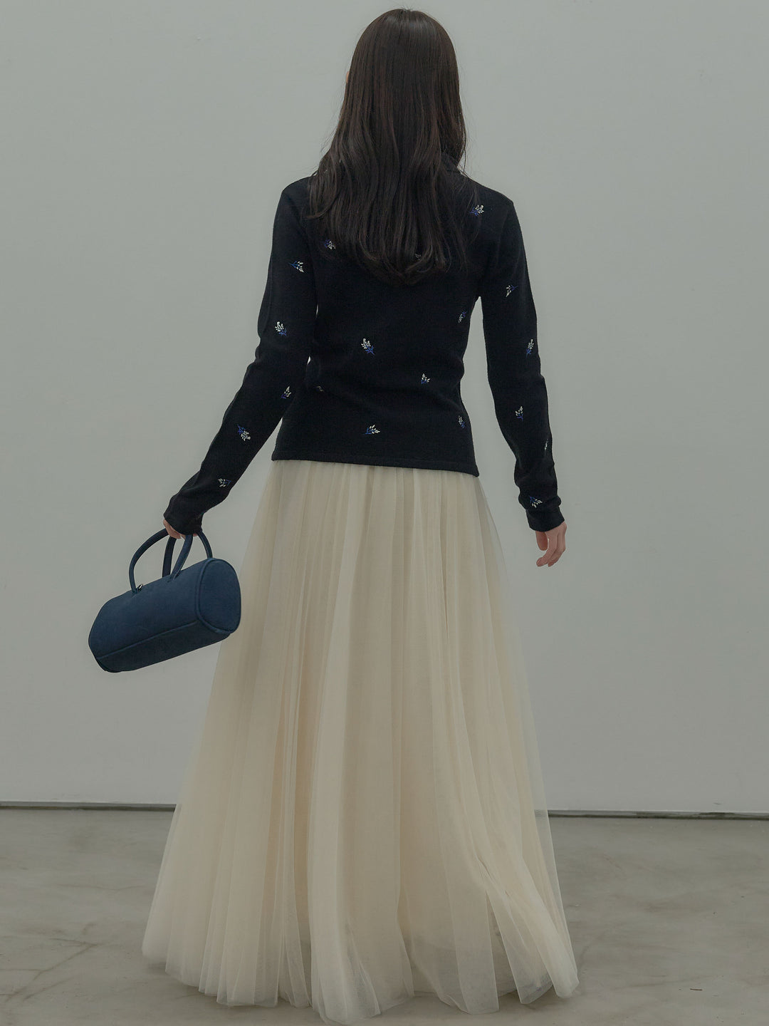 【SET】フラワー刺繍ニットポロトップス+ボリュームチュールスカート(2set)