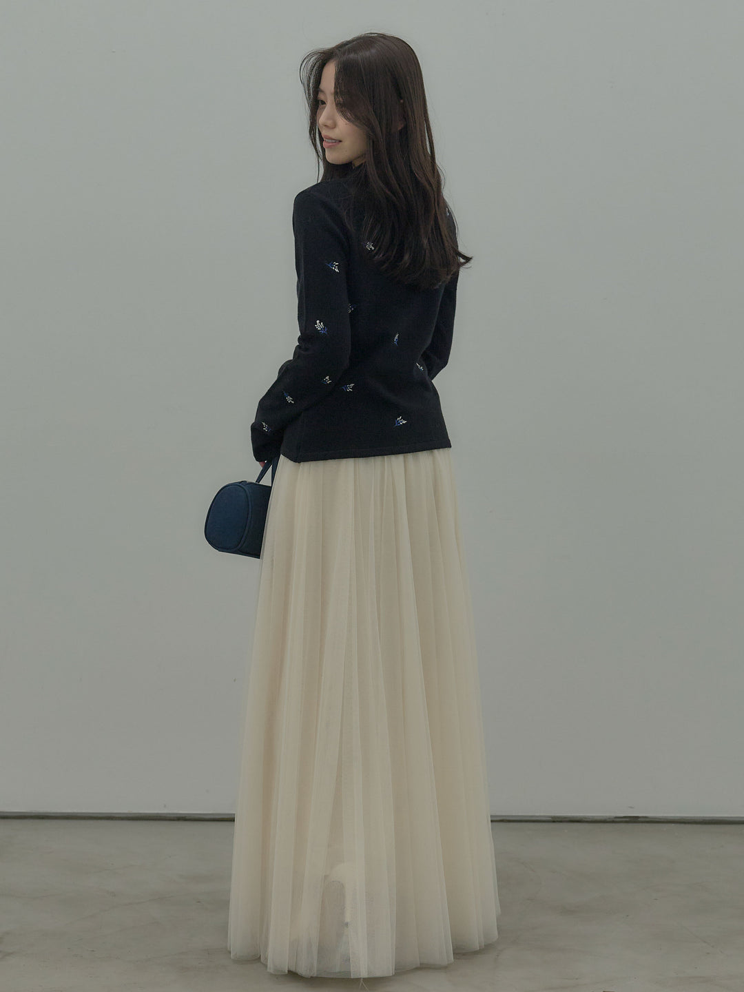 【SET】フラワー刺繍ニットポロトップス+ボリュームチュールスカート(2set)