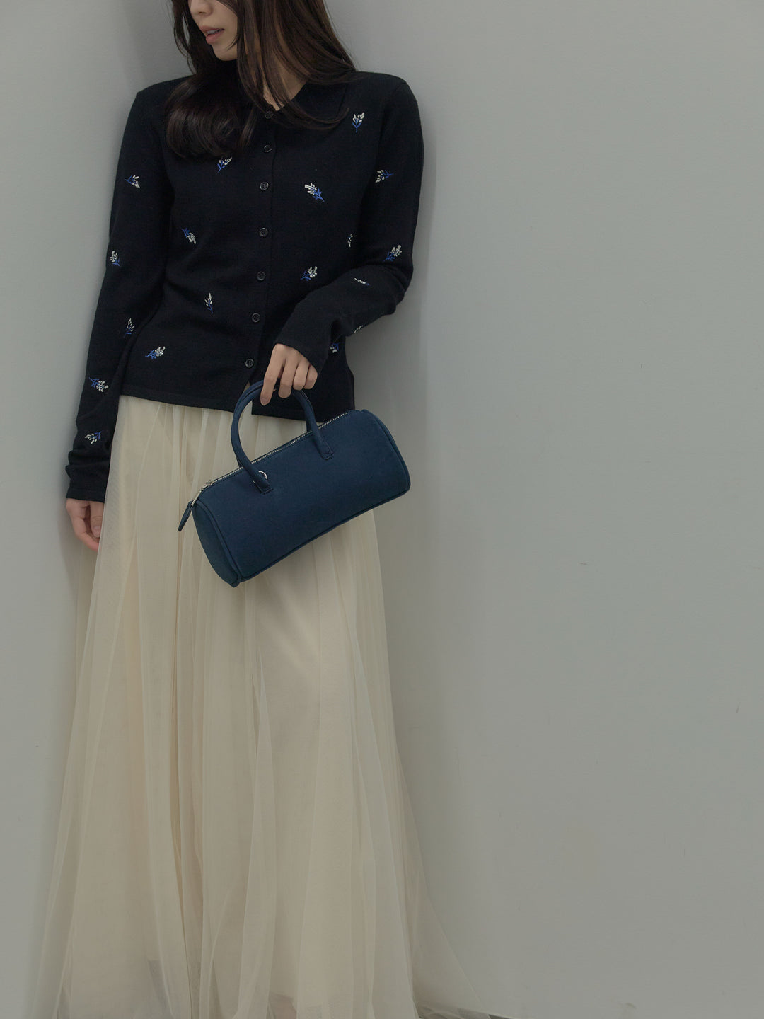 フラワー刺繍ニットポロトップス