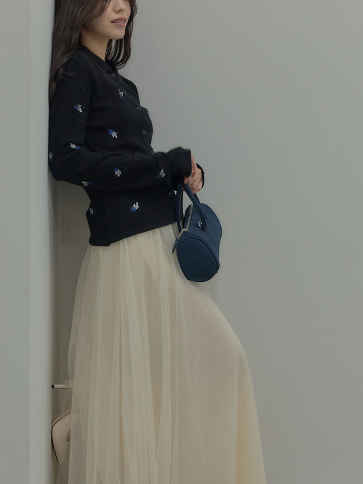 【SET】フラワー刺繍ニットポロトップス+ボリュームチュールスカート(2set)