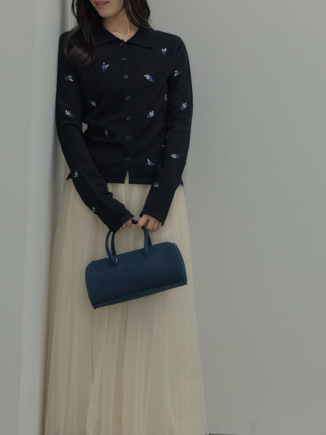 【SET】フラワー刺繍ニットポロトップス+ボリュームチュールスカート(2set)