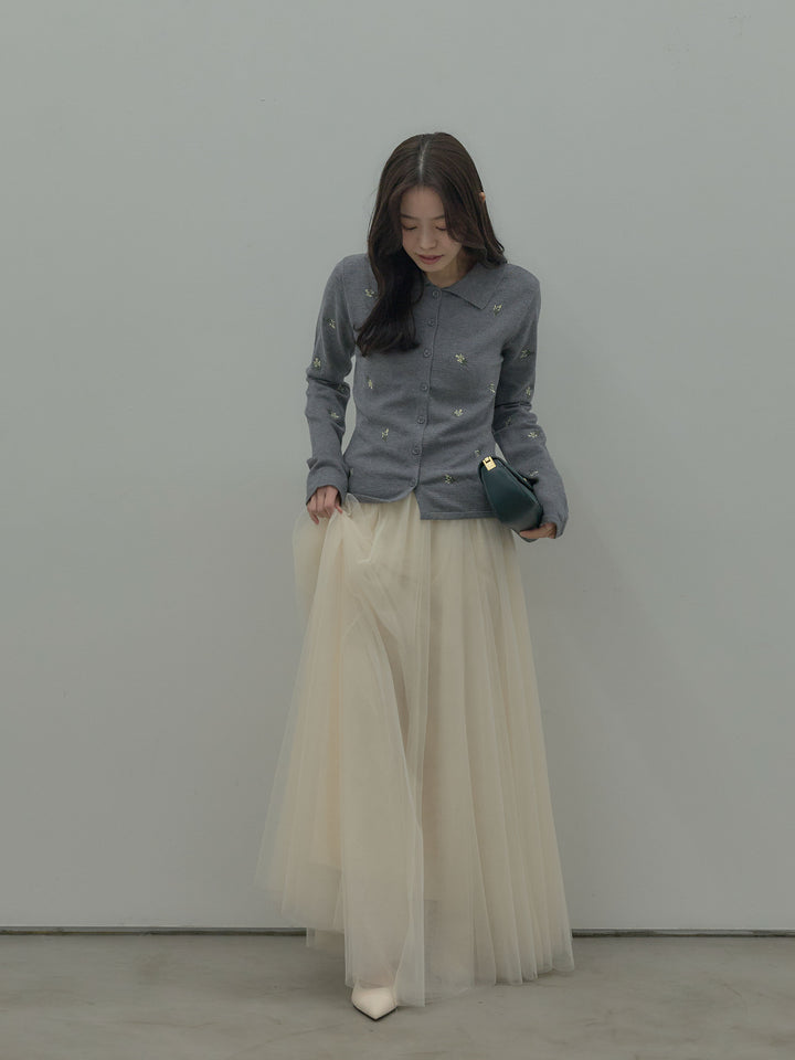 【SET】フラワー刺繍ニットポロトップス+ボリュームチュールスカート(2set)