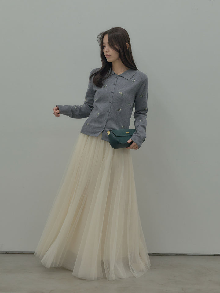 【SET】フラワー刺繍ニットポロトップス+ボリュームチュールスカート(2set)