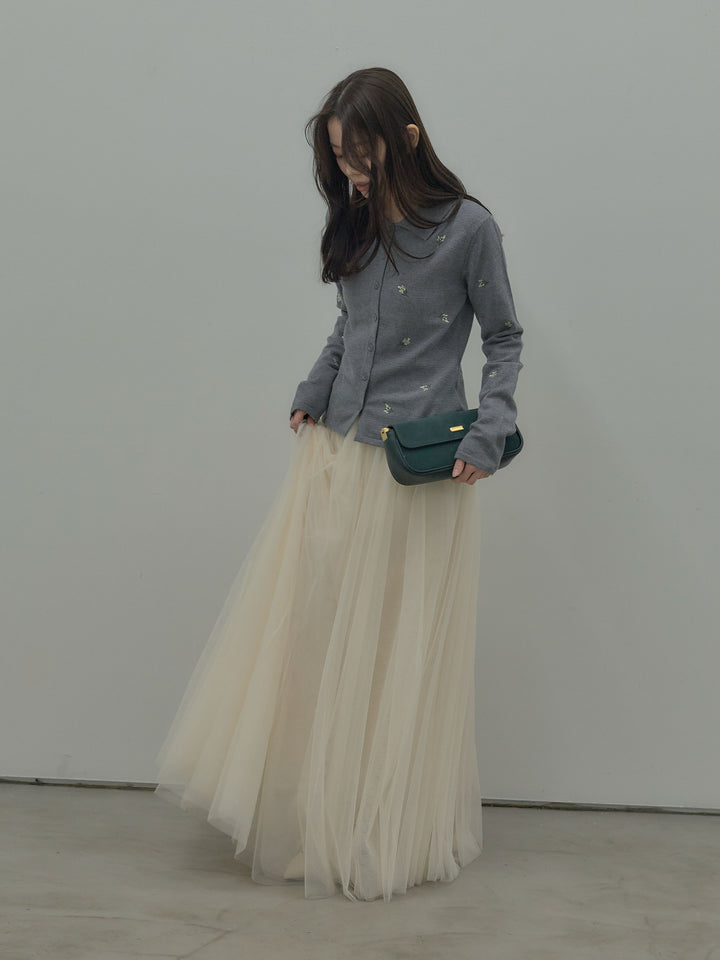 【SET】フラワー刺繍ニットポロトップス+ボリュームチュールスカート(2set)