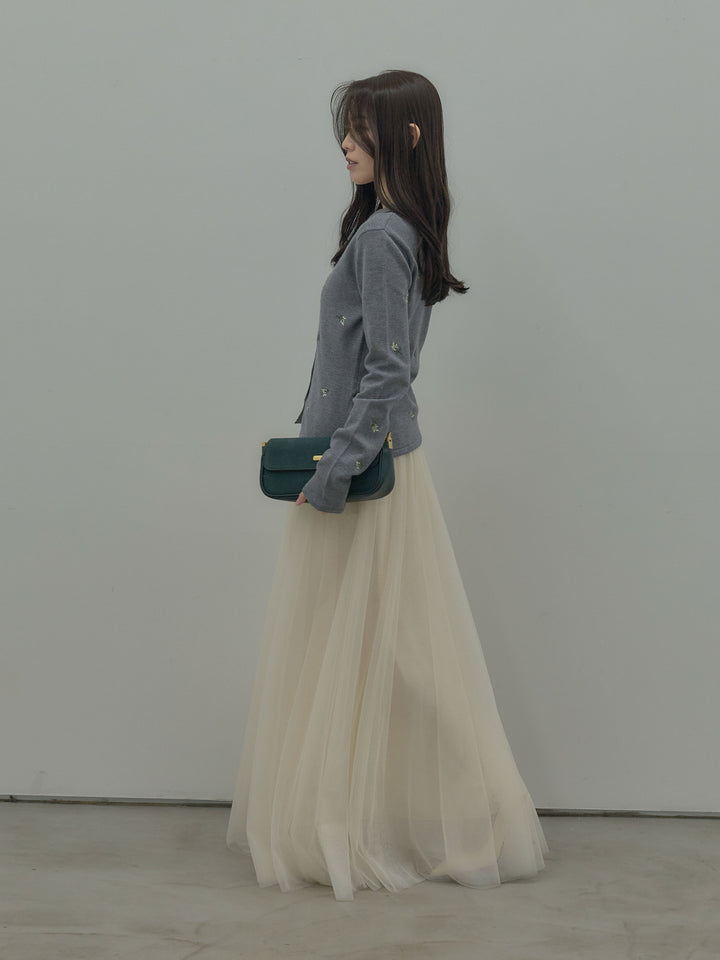 【SET】フラワー刺繍ニットポロトップス+ボリュームチュールスカート(2set)