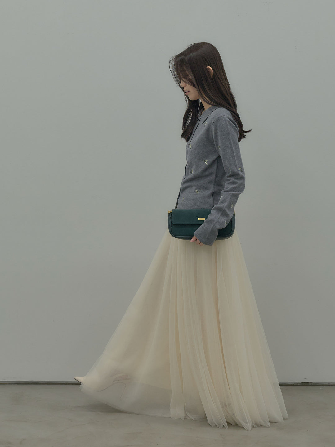 【SET】フラワー刺繍ニットポロトップス+ボリュームチュールスカート(2set)