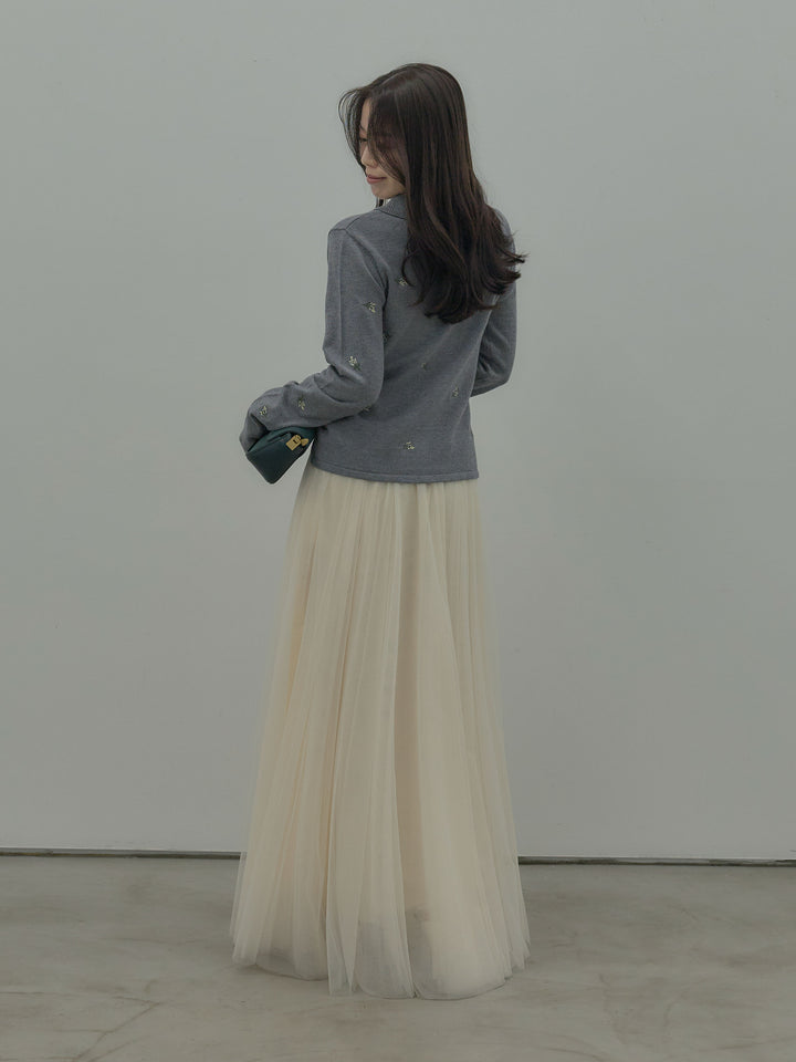 フラワー刺繍ニットポロトップス