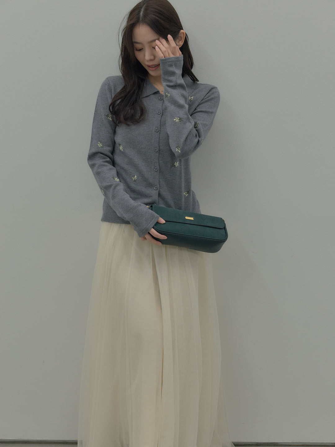 【SET】フラワー刺繍ニットポロトップス+ボリュームチュールスカート(2set)