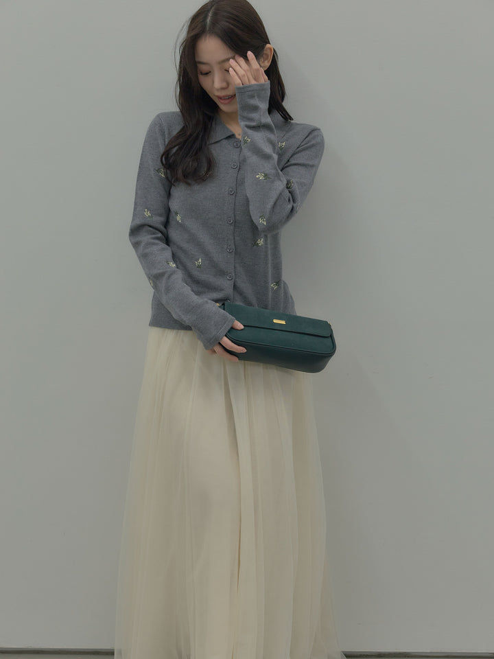 【SET】フラワー刺繍ニットポロトップス+ボリュームチュールスカート(2set)