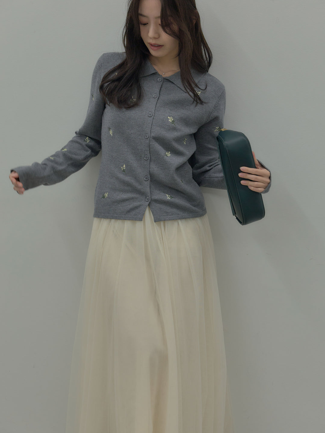 【SET】フラワー刺繍ニットポロトップス+ボリュームチュールスカート(2set)