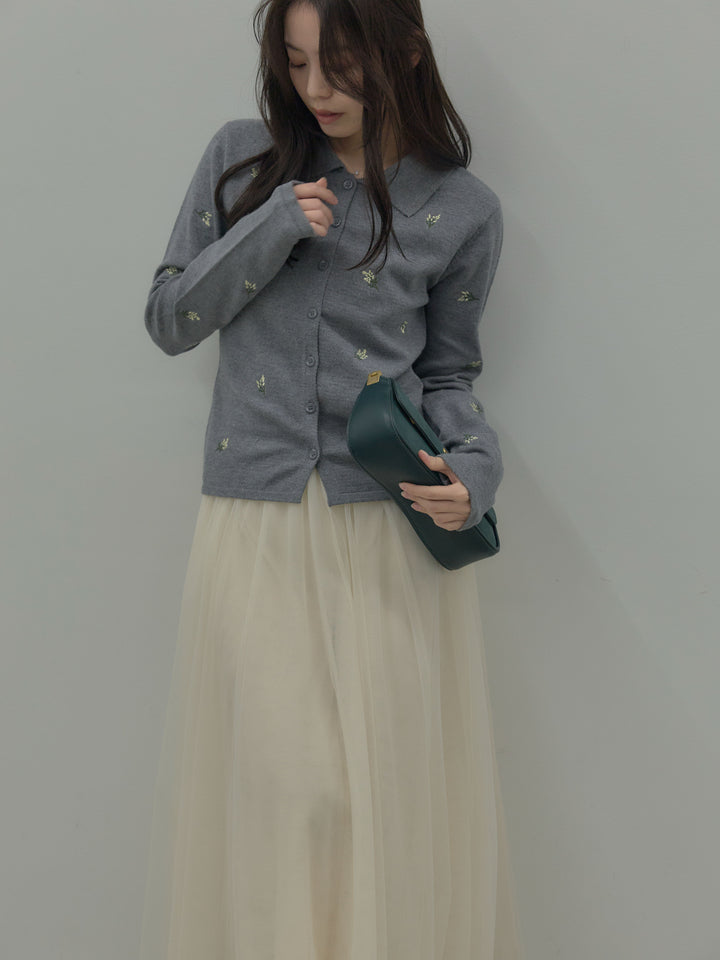 フラワー刺繍ニットポロトップス