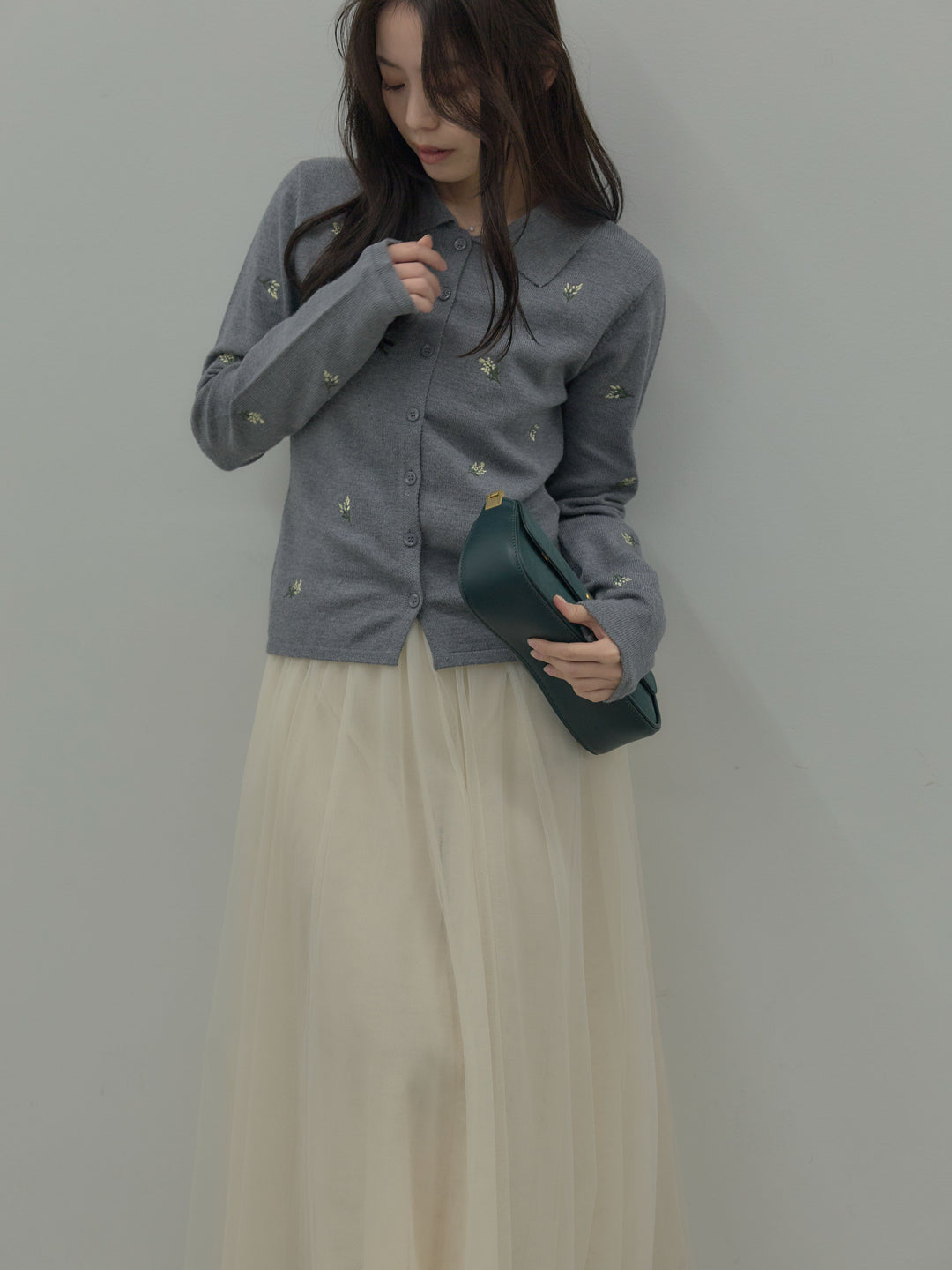 【SET】フラワー刺繍ニットポロトップス+ボリュームチュールスカート(2set)