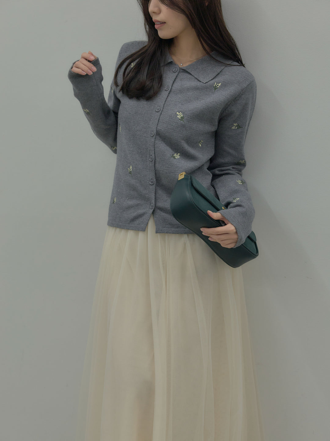 【SET】フラワー刺繍ニットポロトップス+ボリュームチュールスカート(2set)