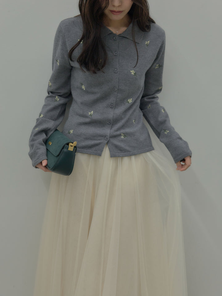 【SET】フラワー刺繍ニットポロトップス+ボリュームチュールスカート(2set)