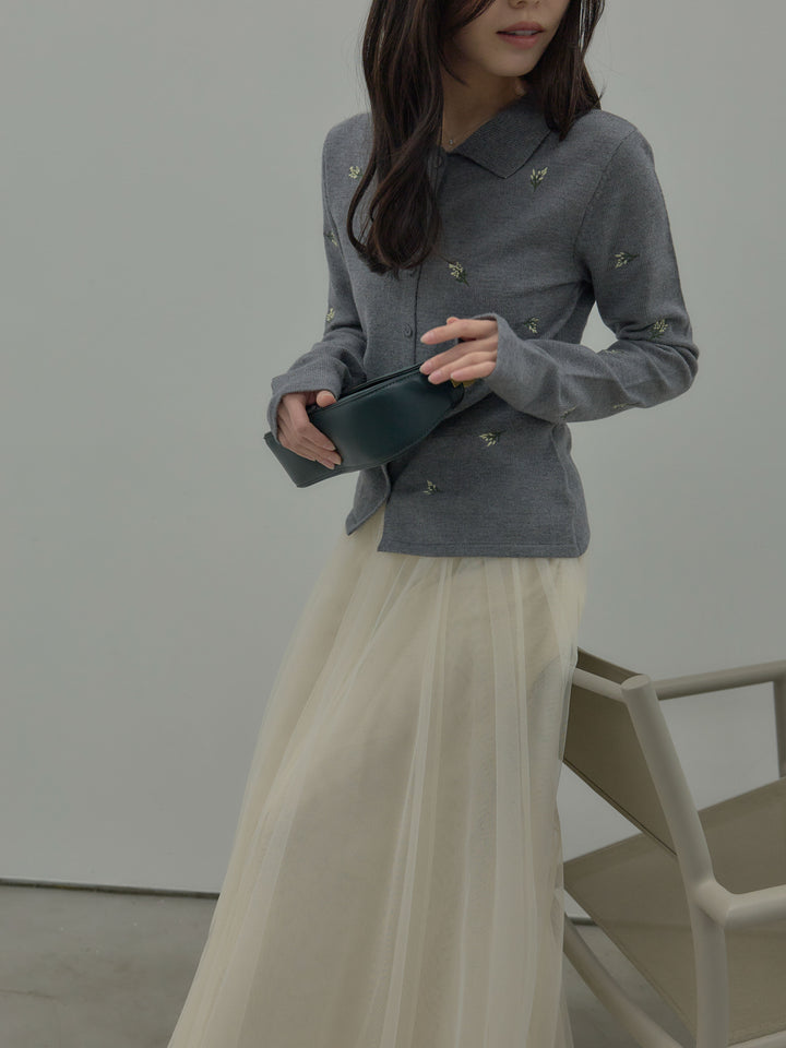 フラワー刺繍ニットポロトップス