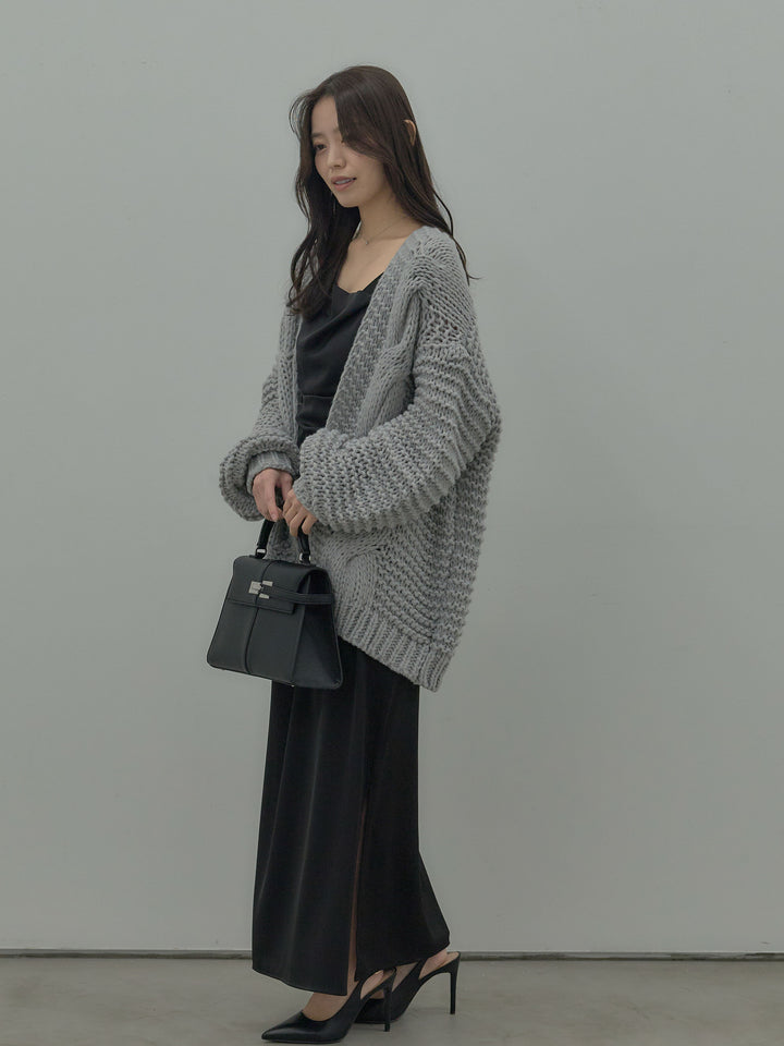 【SET】   ローゲージ編みニットカーディガン+【Essential】サテンドレープキャミワンピ(2set)