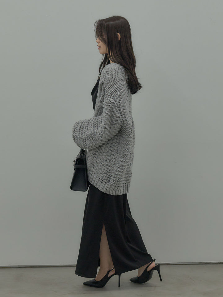 【SET】   ローゲージ編みニットカーディガン+【Essential】サテンドレープキャミワンピ(2set)