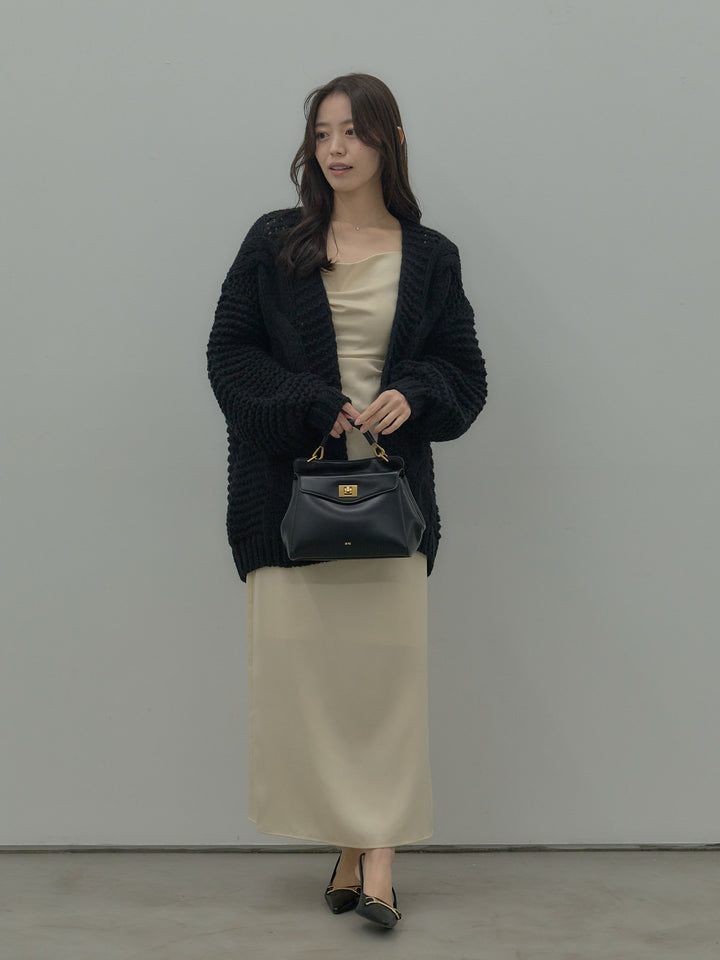 【SET】   ローゲージ編みニットカーディガン+【Essential】サテンドレープキャミワンピ(2set)