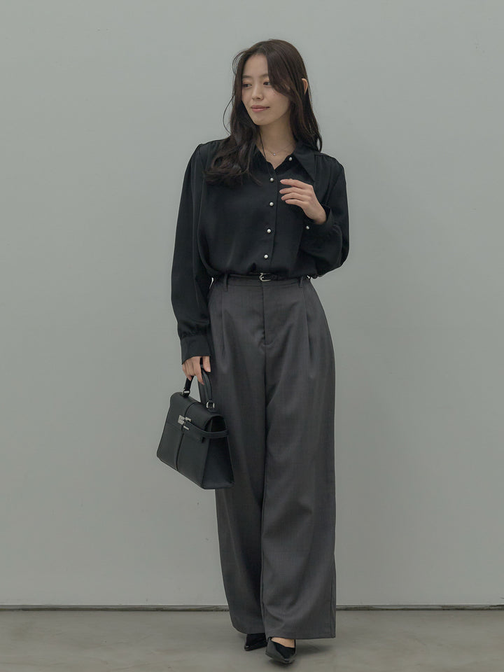 【SET】パールボタンサテンシャツ+ タックワイドパンツ(2set)