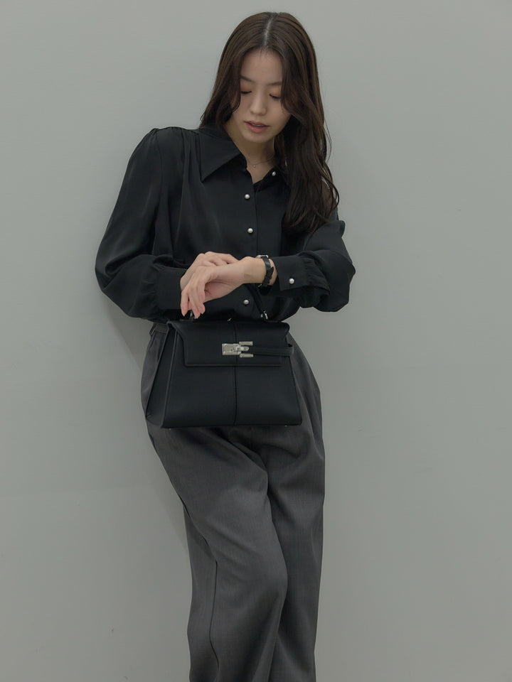 【SET】パールボタンサテンシャツ+ タックワイドパンツ(2set)