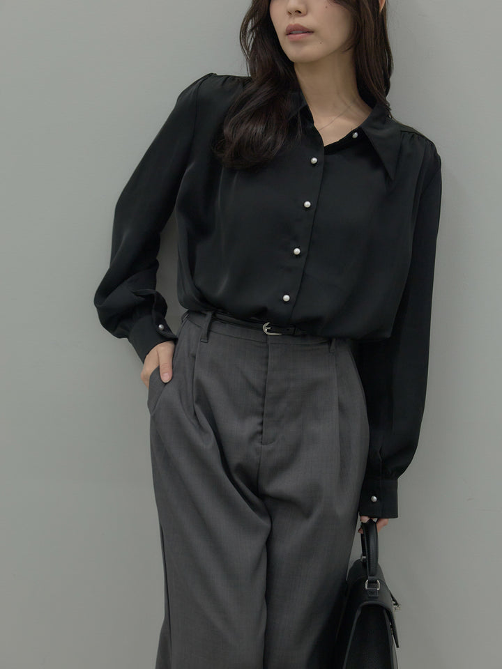 【SET】パールボタンサテンシャツ+ タックワイドパンツ(2set)
