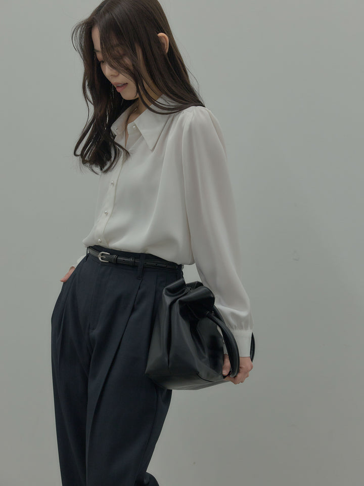 【SET】パールボタンサテンシャツ+ タックワイドパンツ(2set)