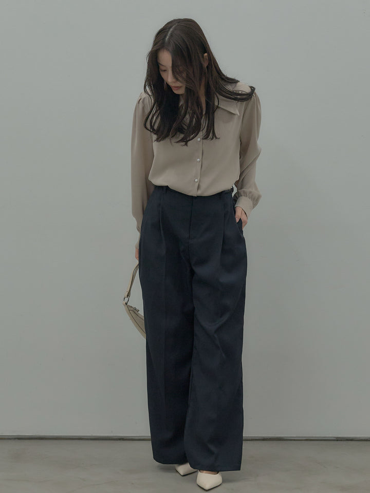【SET】パールボタンサテンシャツ+ タックワイドパンツ(2set)
