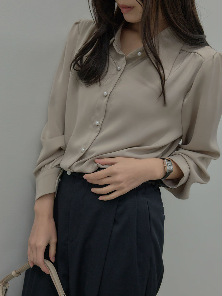 【SET】パールボタンサテンシャツ+ タックワイドパンツ(2set)