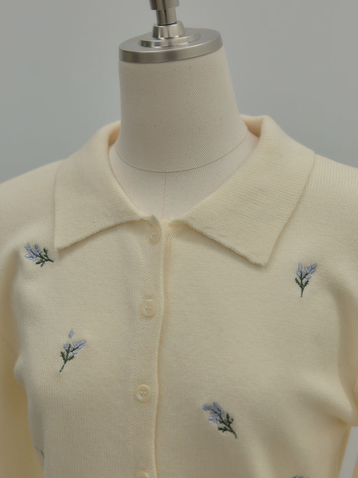 フラワー刺繍ニットポロトップス