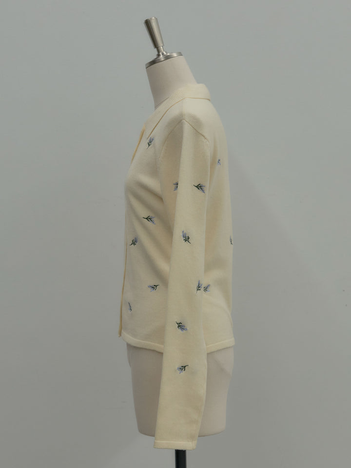 フラワー刺繍ニットポロトップス