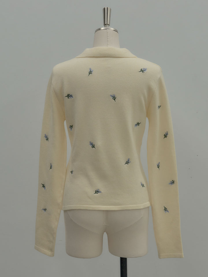 フラワー刺繍ニットポロトップス